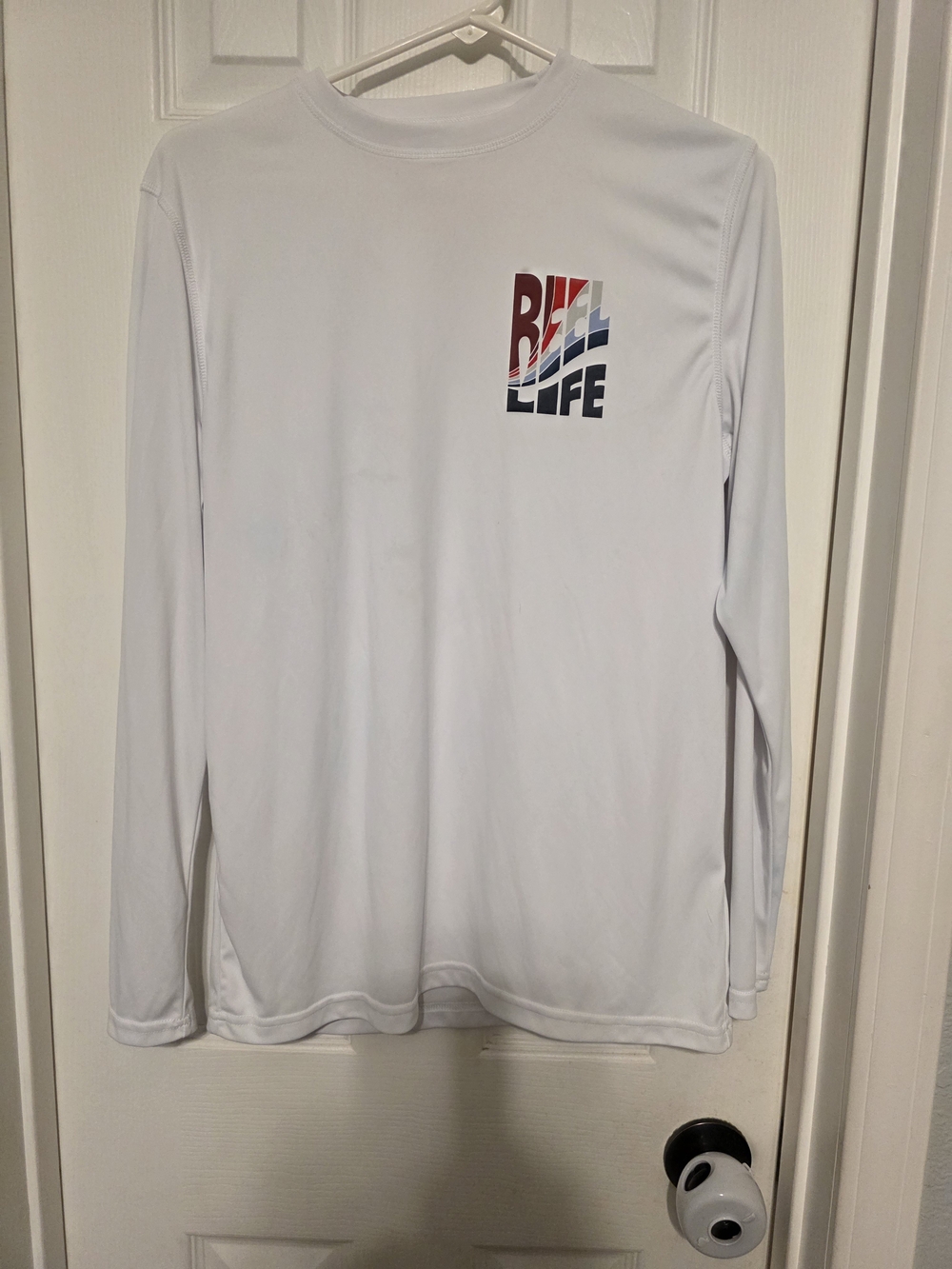 Reel Life White Long Sleeve Tee with Red & Blue Logo
